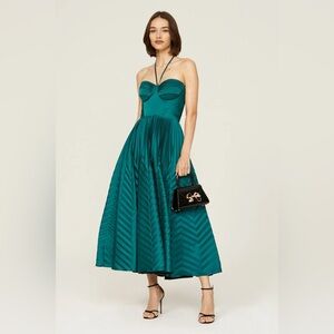 Marchesa Notte Green Pleated Dress